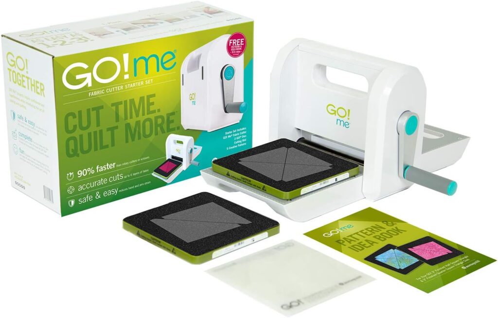 AccuQuilt Go! Me Fabric Cutter Starter Set, 5 Patterns with Instructions, 6 x 6 Inch Cutting Mat, and 2 Dies