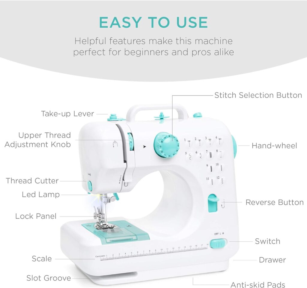 Best Choice Products Compact Sewing Machine, 42-Piece Beginners Kit, Multifunctional Portable 6V Beginner Sewing Machine w/ 12 Stitch Patterns, Light, Foot Pedal, Storage Drawer - Teal/White