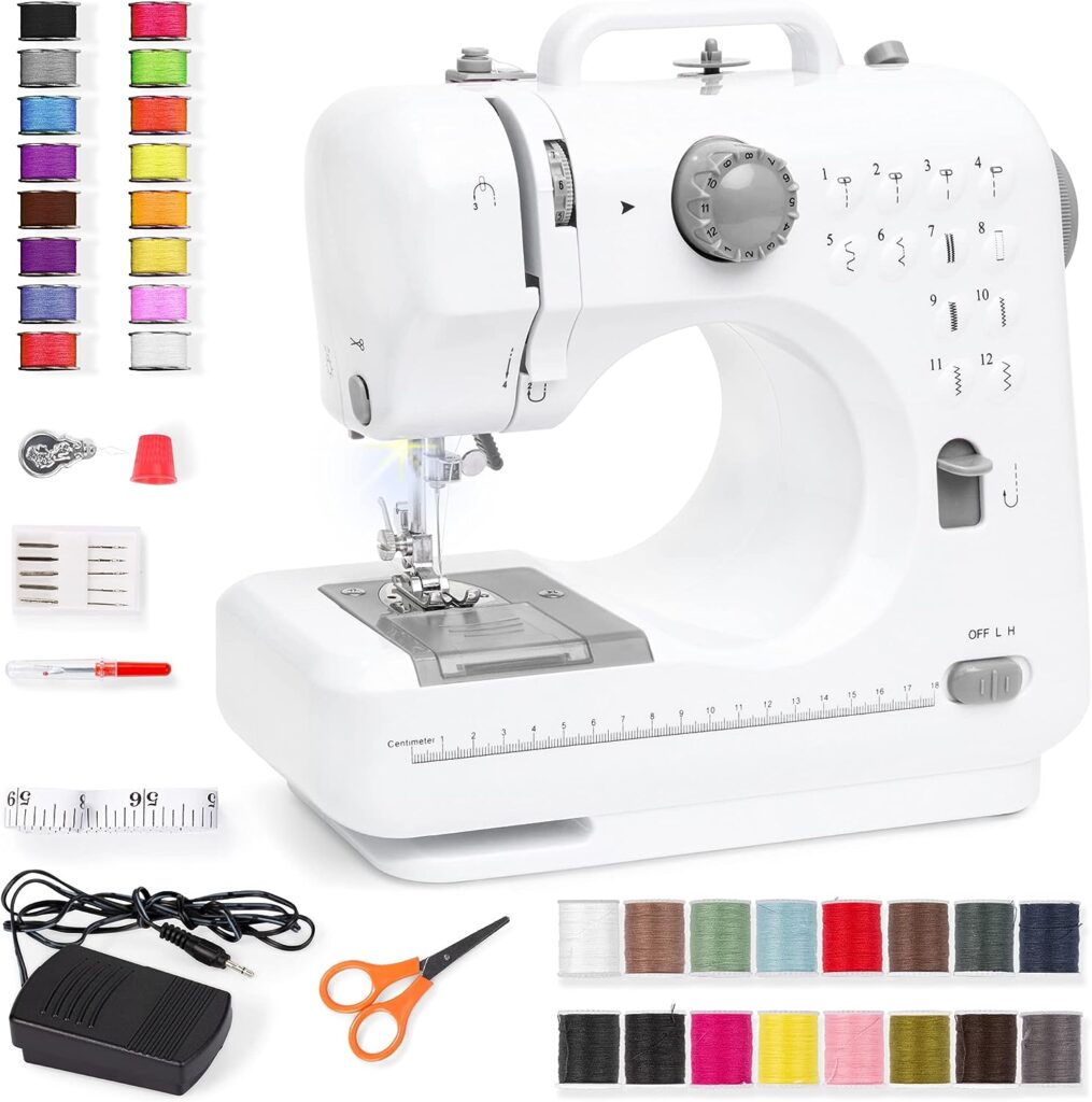 Best Choice Products Compact Sewing Machine, 42-Piece Beginners Kit, Multifunctional Portable 6V for Beginner w/ 12 Stitch Patterns, Light, Foot Pedal, Storage Drawer - Gray/White