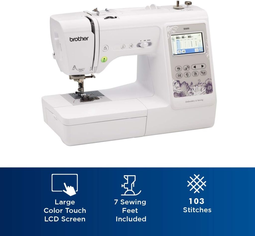 Brother SE600 Sewing and Embroidery Machine, 80 Designs, 103 Built-In Stitches, Computerized, 4 x 4 Hoop Area, 3.2 LCD Touchscreen Display, 7 Included Feet