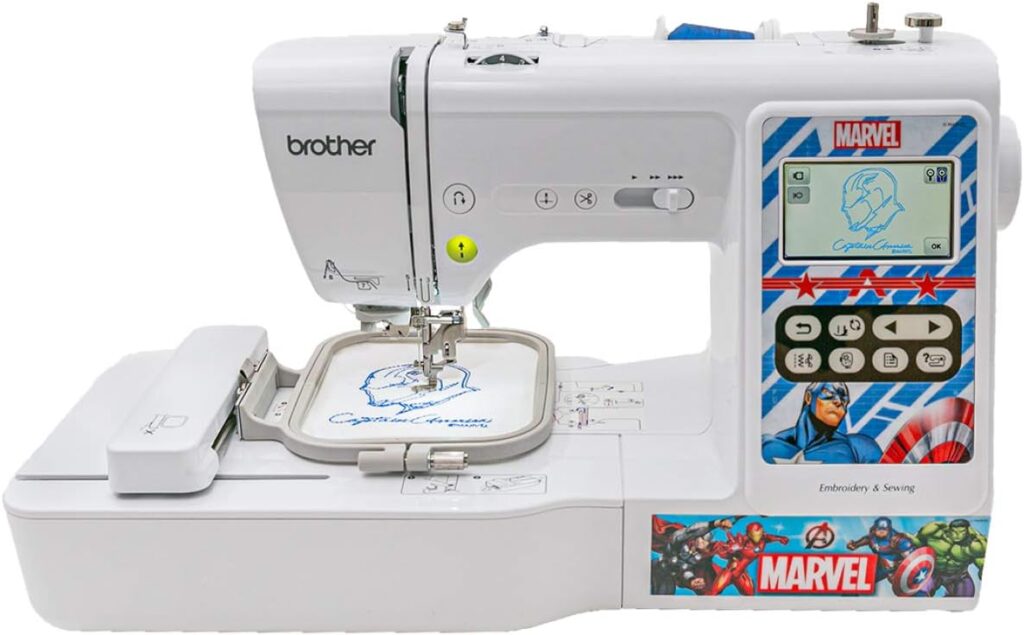 Brother Sewing and Embroidery Machine, 4 Marvel Faceplates, 10 Downloadable Marvel Designs, 80 Designs, 103 Built-In Stitches, 4 x 4 Hoop Area, 3.2 LCD Touchscreen Display, 7 Included Feet