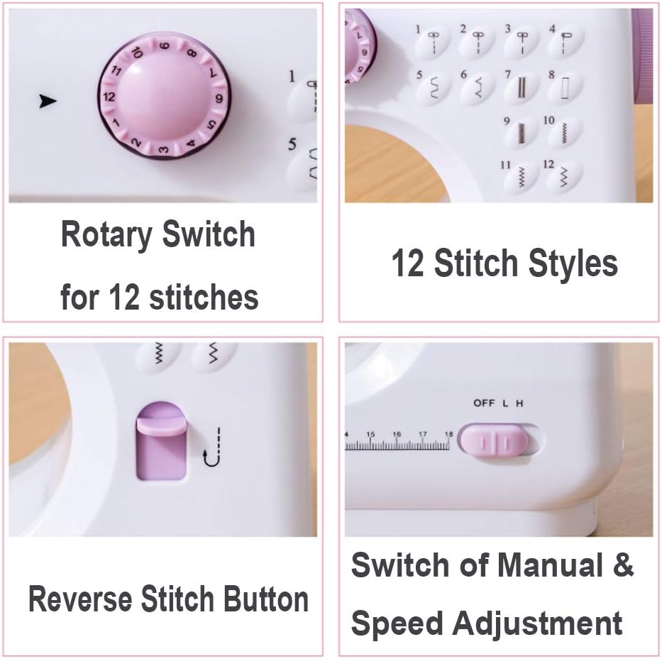 Dechow Sewing Machine for Beginners, Electric Mini Portable, 12 Built-in Stitches with Reverse Sewing, 2 Speeds Double Thread with Foot Pedal, Floral Cotton Fabric and Sewing Threads Set(Purple)
