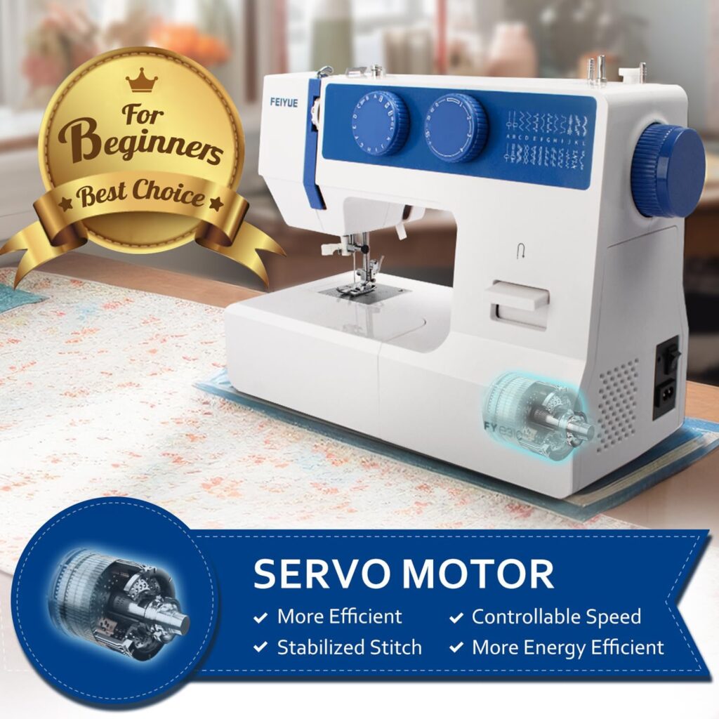 FEIYUE FYe310 Domestic Sewing Machine with Servo Motor, Controllable Speed, Stabilized Stitch, 105 Stitch Applications, Dual LED Lights (Blue)