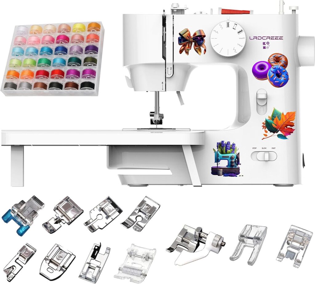 LRDCREEE Portable Sewing Machine for Beginners and Kids with 12 Built-in Stitches,Reverse Sewing and Extension Table Mini Sewing Machine Dual Speed for Household and Travelling Use
