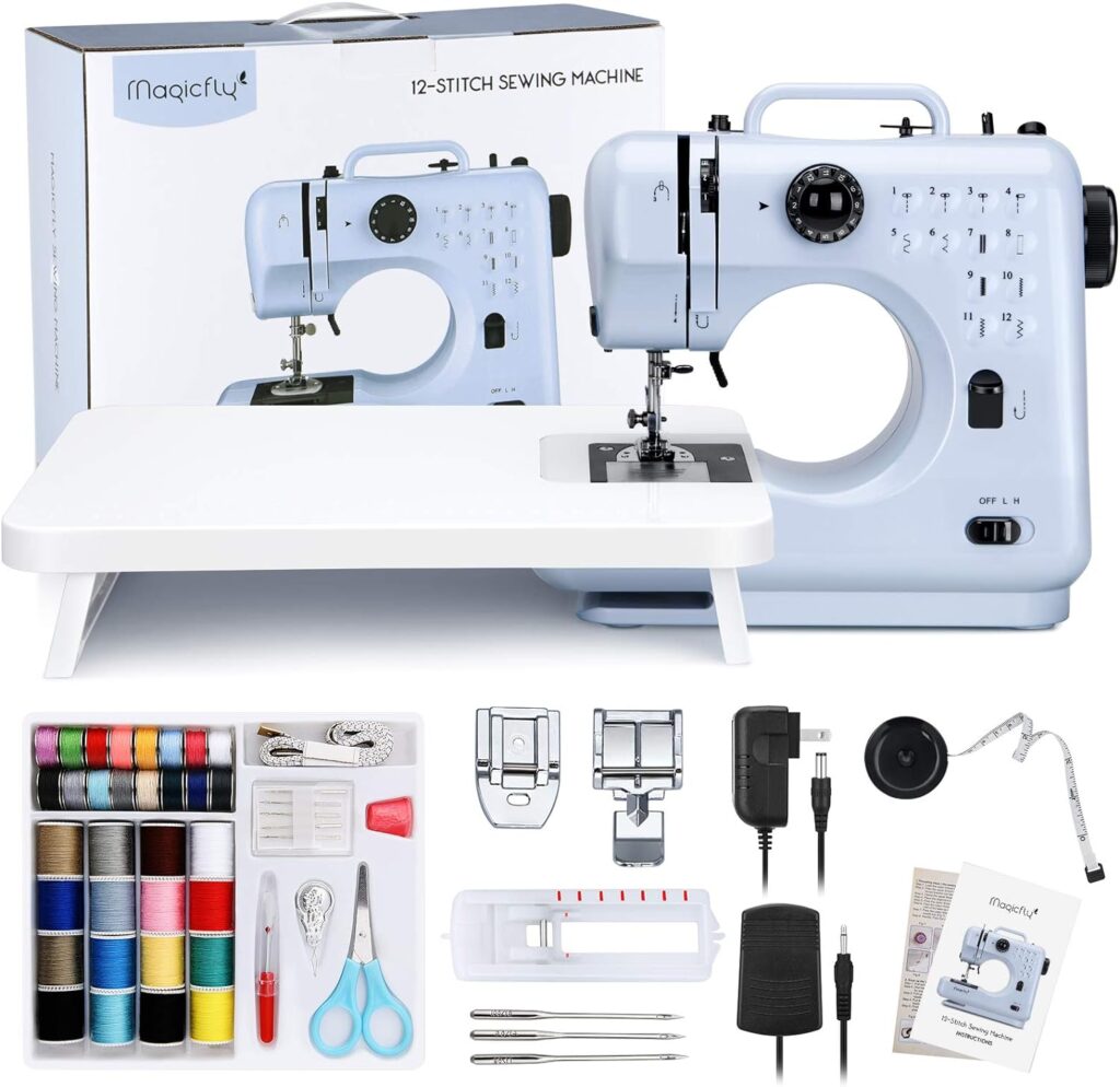 Magicfly Portable Sewing Machines, 12 Built-in Stitches Mini Sewing Machine for Beginner with Reverse Sewing, 3 Replaceable Feet, Extension Table, Accessory Kit, Blue