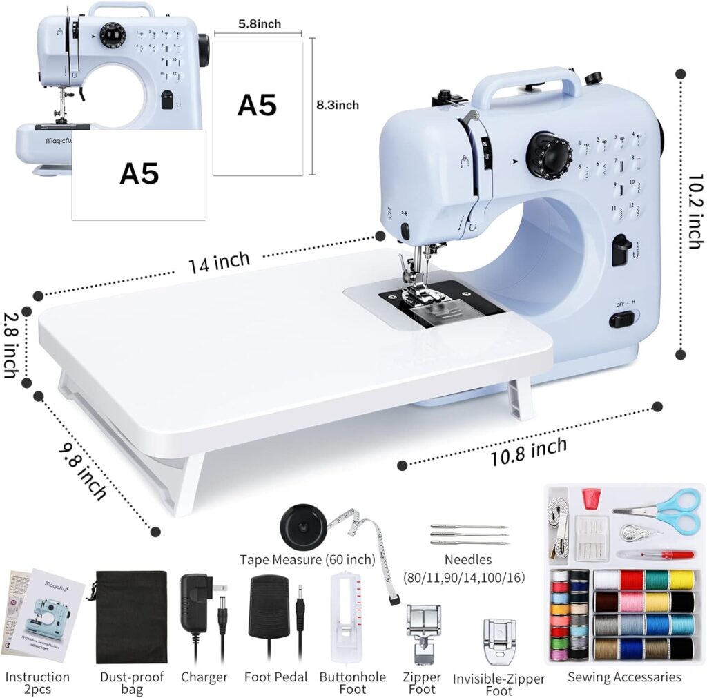 Magicfly Portable Sewing Machines, 12 Built-in Stitches Mini Sewing Machine for Beginner with Reverse Sewing, 3 Replaceable Feet, Extension Table, Accessory Kit, Blue