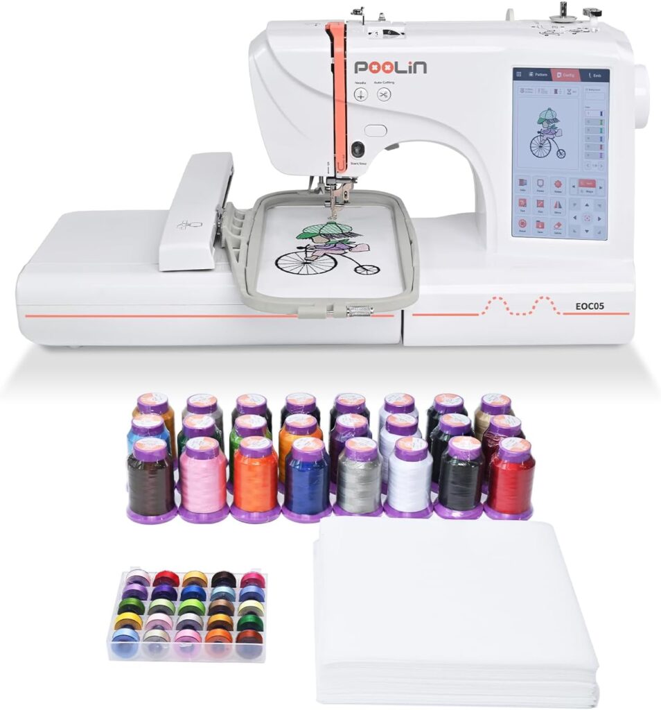 POOLIN Computerized Embroidery Machine for Clothing, 4 x 9.2 Large Embroidery Area, 7 Large LCD Touchscreen for Home Use, Come with 24 Threads Tear Away Stabilizer Bobbins