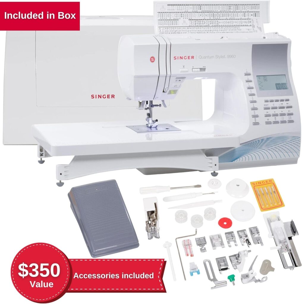 SINGER | 9960 Sewing  Quilting Machine With Accessory Kit, Extension Table - 600 Stitches  Electronic Auto Pilot Mode, 28.22 Pounds, White