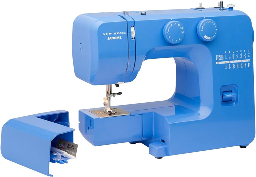 Janome Blue Couture Easy-to-Use Sewing Machine with Interior Metal Frame, Bobbin Diagram, Tutorial Videos, Made with Beginners in Mind!